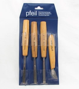 Pfeil Swiss Made Carving Chisel 4 Piece Set Gouge V Parting Chip Knife D1/8 D8/7 - Picture 1 of 11