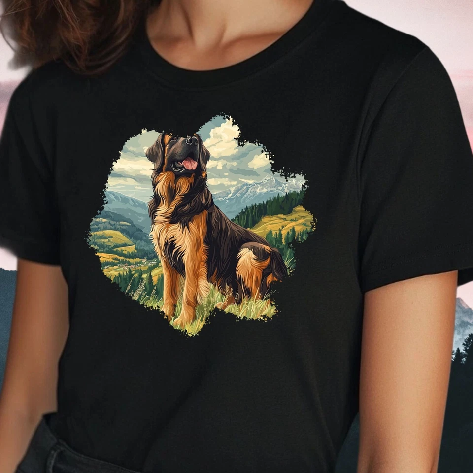 Frauen T-Shirt Leonberger Hund in Berglandschaft Motiv Baumwolle Größe S bis 3XL - Bild 1 von 1