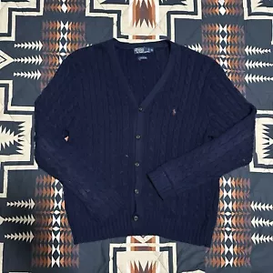 Polo Ralph Lauren Cable Knit Sweater Mens XL Navy Button Cardigan - Picture 1 of 8