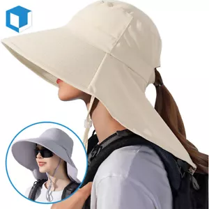 Women Wide Brim Sun Hat UV Protection Neck Cover Flap Ponytail Cap Outdoor Beach - Picture 1 of 11