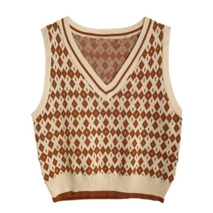 Sweater Waistcoat Sleeveless V-neck Geometric Women Knitted Vest Tank Top - Imagen 1 de 12