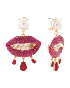 Betsey Johnson Vampiro Dientes Cristales, Perla Sintética Rosa, Blanco, Red Gota - Imagen 1 de 2