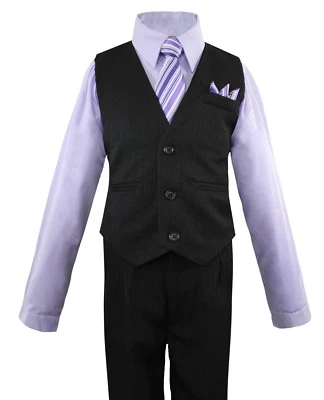 Conjunto de traje chaleco a rayas formal para niños con camisa de vestir, corbata, chaleco y pantalones 2T-14 Foto 1 de 4