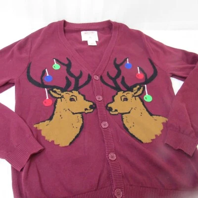 Mossimo 驯鹿丑陋圣诞毛衣勃艮第开衫纽扣 V 领中号 — 第 1/4 张图片