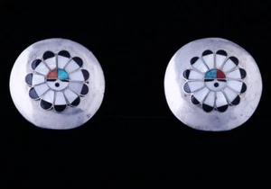Vintage Zuni Sunface Inlay Clip Earrings - Picture 1 of 3