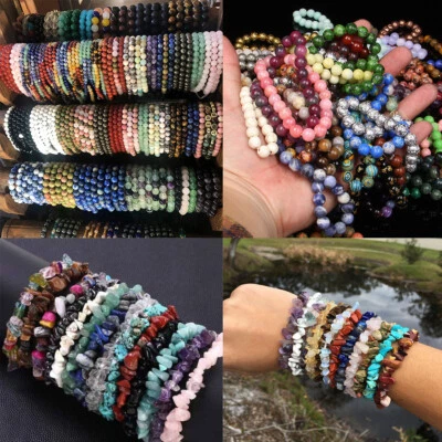 Wholesale 15Pcs Mixed Natural Gemstone Round Bead Stretchy Bracelet Reiki Chakra - Image 1 of 4