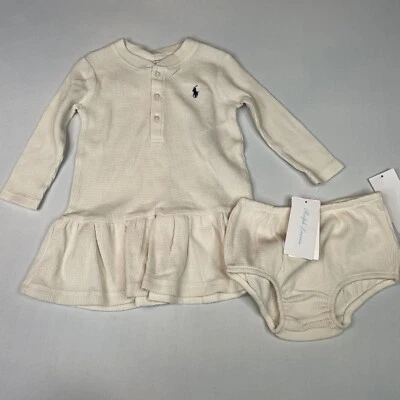 Ralph Lauren Baby Girl Ruffle Dress & Bloomer, Beige Size 9M, 2 Piece, Waffle - Image 1 of 4