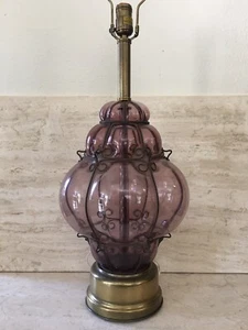 Vintage Mid Century Murano Caged Art Glass Lamp Italy Purple Italian - Picture 1 of 13