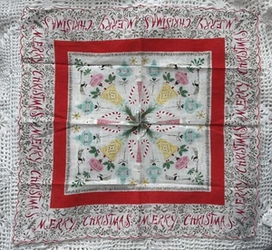 Vintage Taschentuch Taschentuch Frohe Weihnachten Engel, Weihnachtsmann, Ornamente 16" Quadrat - Bild 1 von 4