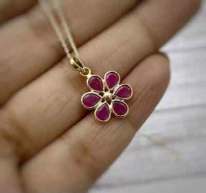 3Ct Pear Cut Ruby Lab Created Diamond 14K Yellow Gold Finish Flower Love Pendant - Picture 1 of 8