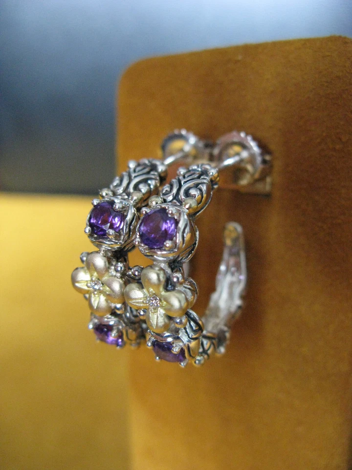 BARBARA BIXBY EARRINGS AMETHYST GEMSTONE HOOP FLOWER DIAMOND Designer SS 18K - Image 1 of 1
