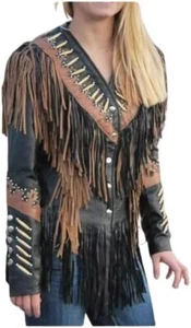 Women Western Wear Suede Leather Fringe Native American Beaded Jacket Coat - Picture 1 of 3