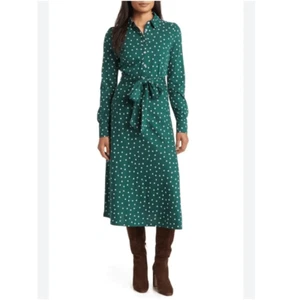 Boden Laura Polka Dot Jersey Midi Shirt Dress Size 12L Forest Green Long Sleeve - Picture 1 of 11