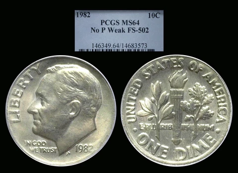 1982 No P FS-502  Roosevelt Dime graded MS64 by PCGS  Very Tuff Variety!!! Cover
