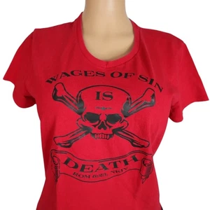 Graphic Red T-Shirt With Skull & Crossbones Print "Wages Of Sin Is Death" Size M - Picture 1 of 8