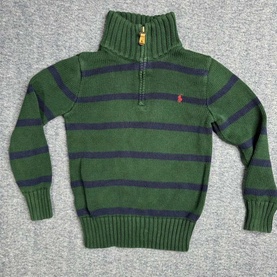 Polo Ralph Lauren Boys Knit Pull Over Blue and Green Stripe Zipper Size 6 - Image 1 of 4