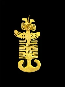 Anthropomorphic 24k Gold-Plated Pre-Colombian Brooch pin pendant signed GC - Picture 1 of 16