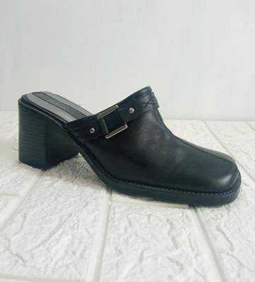 Tacones gruesos de cuero bajo vintage años 90 para mujer hebilla de cuero negro Y2K talla 7M Foto 1 de 4