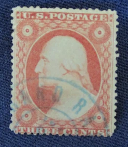 US Scott #26 3c Washington Used Light Blue Cancel - Picture 1 of 2