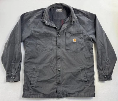 Винтажная мужская рубашка куртка Carhartt LRG серая фланелевая флисовая с подкладкой холщовое пальто - Изображение 1 из 4