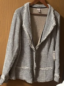 Chico's Structured Pocket Sweater Cardigan Fringe Trim Sz 4 Black/Ecru NWT - Picture 1 of 6