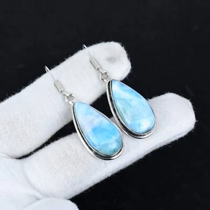 Beautiful Larimar Gemstone Handmade 925 Sterling Silver Earrings For Anniversary - Picture 1 of 4