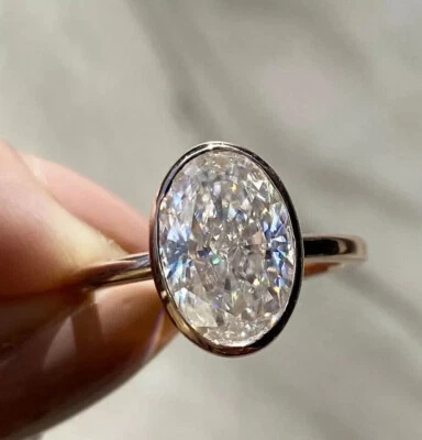 3Ct Oval Cut Lab Created Diamond Bezel Set Wedding Solitaire Ring 14K Gold FN - Image 1 of 4