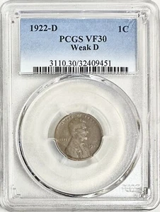 1922 D LINCOLN WHEAT CENT PCGS VF30 WEAK D - Picture 1 of 2