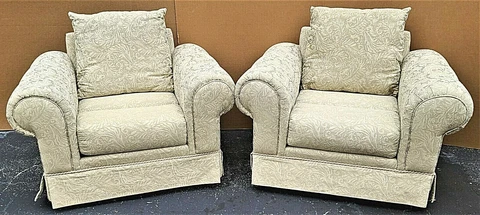 Pair of BARCLAY Tufted Roll Arm Oversized Damask Upholstered Lounge Club Chairs Cover