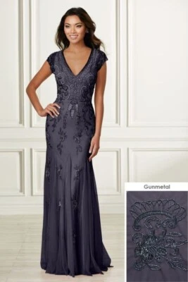 ADRIANNA PAPELL 40160 Platinum Gunmetal Beaded Sequin Embellished V-Neck Gown 12 - Image 1 of 3