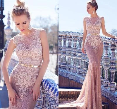 Blush Pink Lace Bridal Gowns Mermaid Arabic Wedding Dresses Beaded 2 4 6 8 10 12 - Image 1 of 4