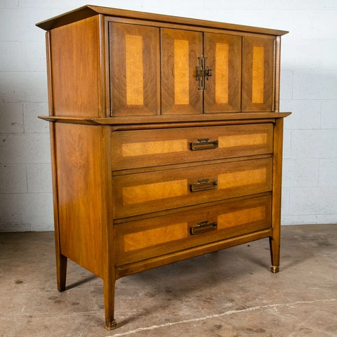 Mid Century Modern Dresser Highboy Tall Vintage Walnut Burl Brass United Shuff Cover