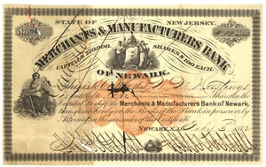 Mercanti e Produttori Banca di Newark. Certificato Stock. Maglia nuova - Foto 1 di 1