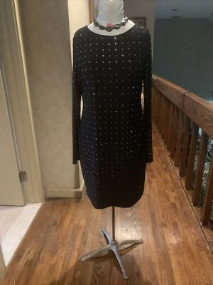 VESTIDO CYNTHIA STEFFE NEGRO ELEGANTE ADORNADO CON CUENTAS CEÑIDO AL CUERPO MANGAS LARGAS TALLA L Foto 1 de 4