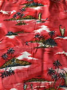 Vintage Fabric Tropical Islands Boats Palm Trees ~1.75 yds Lightweight Apparel - Picture 1 of 4