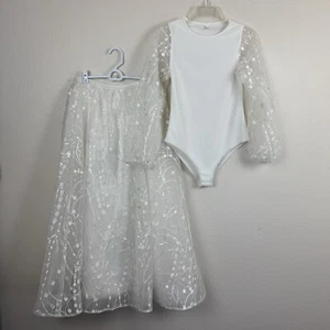 Lulus Wedding 2 Piece Bridal Skirt And Bodysuit Embroidered Tulle Sheer White M - Picture 1 of 24