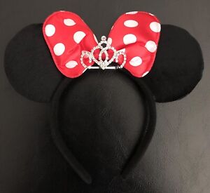 Minnie Mouse Princess Tiara Headband Black Plush Ears Red Polka Dots Bow Party