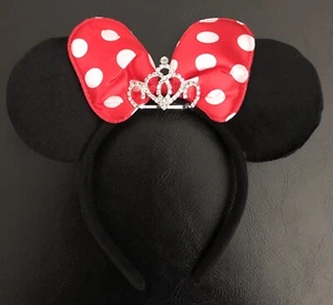 Minnie Mouse Princess Tiara Headband Black Plush Ears Red Polka Dots Bow Party - Picture 1 of 2