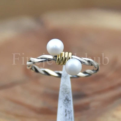 Pearl Ball Sterling Silver Ring, Two Tone Ring, Women Ring, Gift For Her - Image 1 of 4