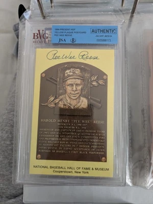 PEE WEE REESE SIGNED HOF 1984 PLAQUE POSTCARD BROOKLYN DODGERS BECKETT CERTIFIED - Image 1 of 2