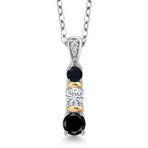 925 Silver and 10K Yellow Gold  Black Diamond White Moissanite and Onyx Pendant - Picture 1 of 3