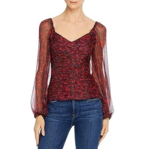 $238 NWT Parker Womens Catherine Silk Blend Top Sheer Balloon Red Small Milkmaid - Picture 1 of 11
