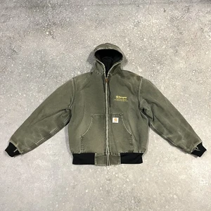 Vintage Carhartt Jacket Green Hooded Zip Canvas Faded Frayed Sz M ? Read - Picture 1 of 13