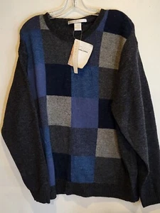 Perry Ellis Mens XL 100% Lambswool Colorblock Sweater Blue Gray Vintage New 90s  - Picture 1 of 7