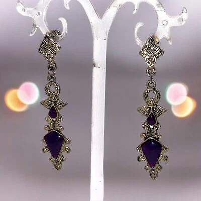 Pendientes colgantes Art Nouveau de marcasita púrpura tono plata 2,5"! Foto 1 de 4