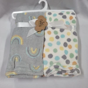 Baby Essentials 2 Pack Plush Fleece Blanket Gray Blue Yellow Orange Rainbow Dot - Picture 1 of 4