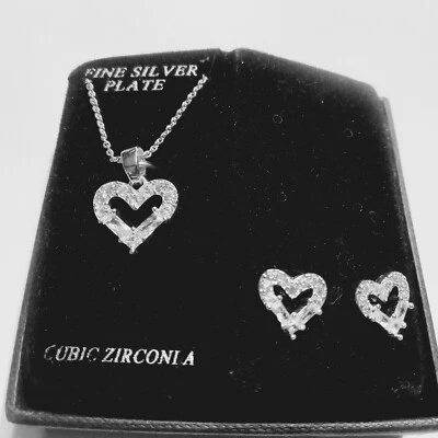 DANECRAFT Fine Silver Plate Cubic Zirconia Heart Necklace Post Earring NEW  - Image 1 of 4