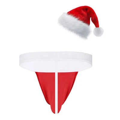 Ropa interior de Navidad para hombre Sr. Santa Claus Disfraz de disfraces Tangas con sombreros de Navidad Foto 1 de 4