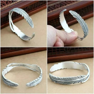 Silver Womens Feather Bracelet Adjustable Open Bangle Friends Gift - Picture 1 of 5