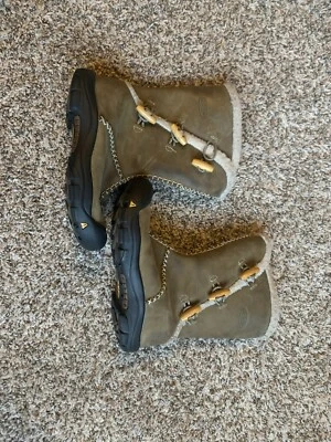 Keen Olive 皮革抓绒衬里木制切换纽扣侧拉链靴青少年美国 4 — 第 1/4 张图片